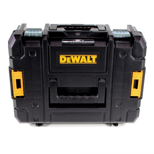 Robuste Werkzeugbox aus Kunststoff mit Tragegriff und seitlichen Verbindungsschließen. DeWalt Logo.