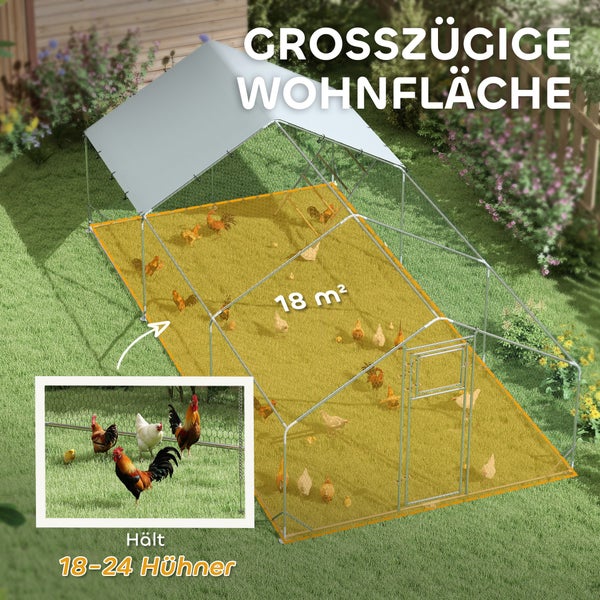 PawHut Hühnerstall Freilaufgehege aus Stahl, 300 x 600 x 195 cm Hühnerkäfig mit UV-beständiger Abdeckung, Futtertür, Hängefütterung, Sitzstange, Hühnergehege für 18-24 Hühner, Kleintiere, Silber