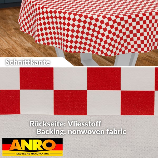 Wachstuch-Tischdecke mit rot-weißem Karomuster, Vliesrückseite und Detailansicht der Schnittkante. ANRO Deutsche Manufaktur Logo.