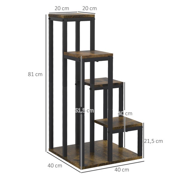Vierstufige Blumentreppe mit schwarzem Metallgestell und Holzdekor-Ablagen. Maße: 81 Zentimeter Höhe, 40 Zentimeter Breite, 40 Zentimeter Tiefe.