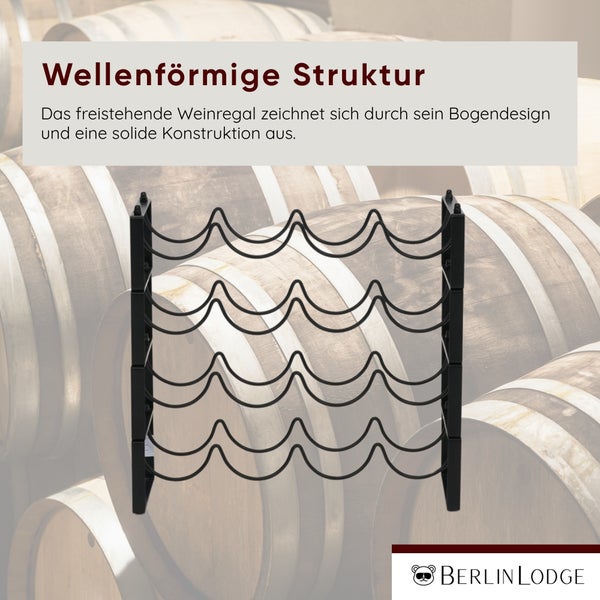 Schwarzes freistehendes Weinregal aus Metall mit wellenförmiger Struktur. Berlin Lodge Logo.