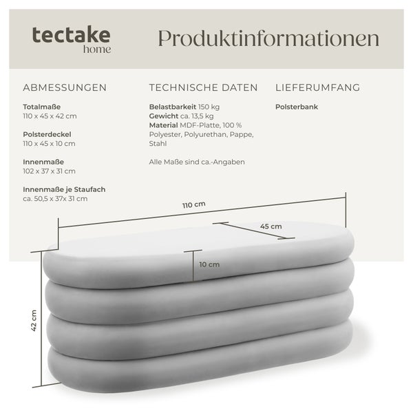 Polsterbank tectake Altu 110 x 45 x 42 cm mit Samt oder Bouclé Samtoptik grau