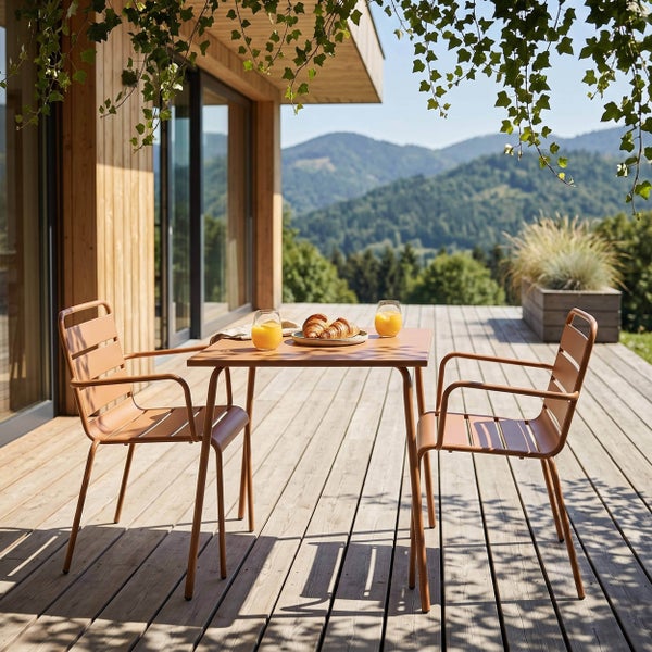 Modernes Gartenmöbel-Set aus Metall auf einer Holzterrasse mit zwei Stühlen und einem Tisch vor einer Bergkulisse.