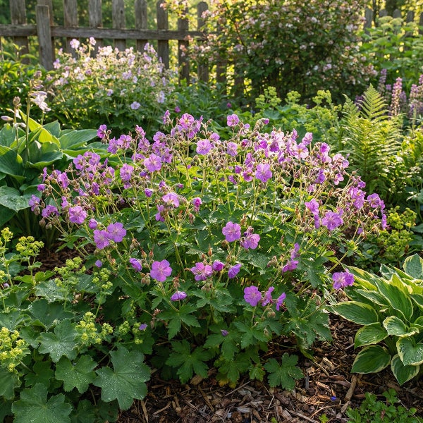 Storchschnabel mit violetten Blüten in einem Gartenbeet mit Frauenmantel, Farnen und Funkien vor einem Holzzaun.