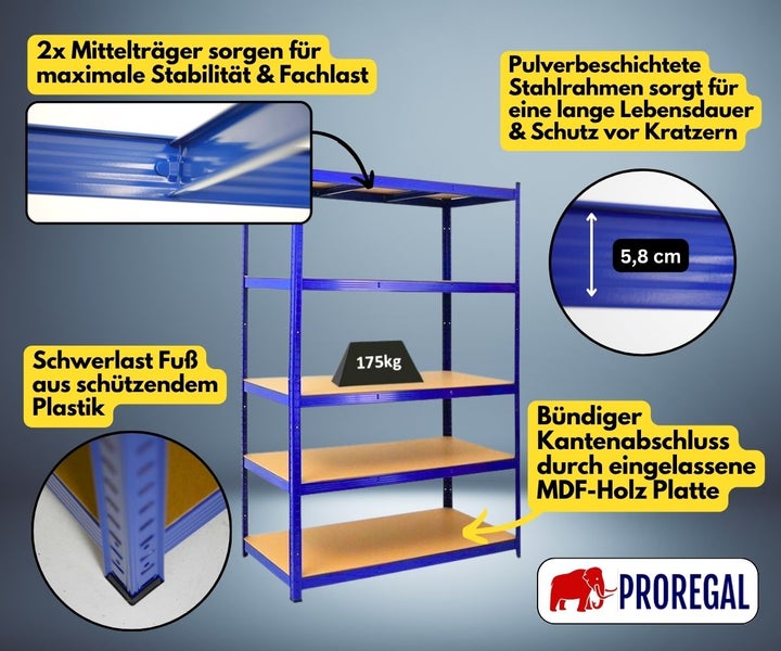 PROREGAL Schwerlastregal mit 5 MDF-Böden, 175 Kilogramm Traglast, 2 Mittelträgern, 5,8 Zentimeter Profilhöhe und Kunststofffüßen. Proregal Logo.