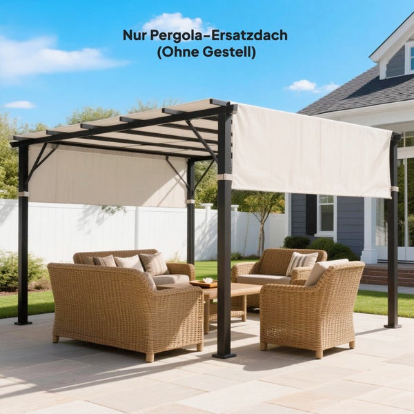 Beiges Ersatzdach für Pergola aus Textil mit Seitenteilen über Lounge-Möbeln in einem hellen Garten, ohne das abgebildete Gestell.