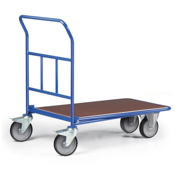 Blauer Plattformwagen mit Holzplatte und Rollen