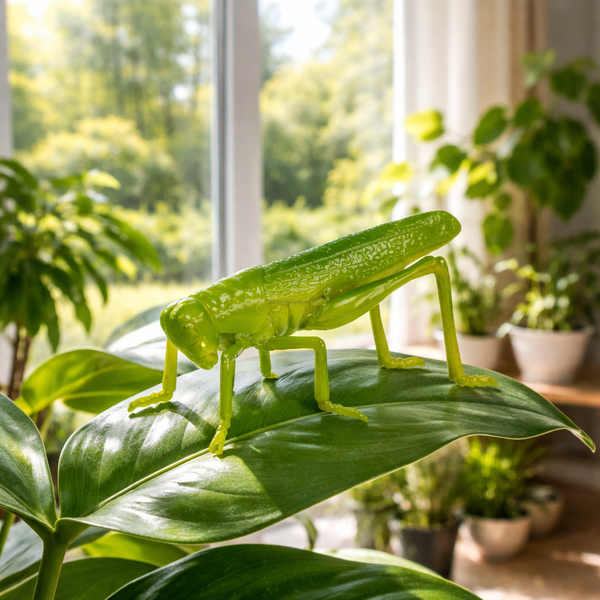 Dekorative Heuschrecke aus glänzendem Material auf dem Blatt einer Zimmerpflanze in einem hellen Raum mit weiteren Pflanzen.