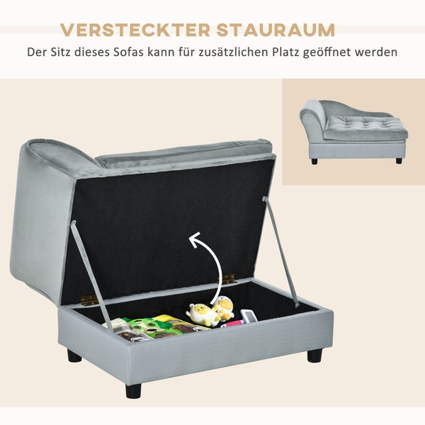 PawHut Haustiersofa mit Matte, Hundebett, Hundematte, Hundesofa mit Lagerraum, Naturholz+Plüsch, Hellgrau, 76 x 45 x 43 cm