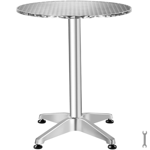 Runder Bistrotisch aus Aluminium mit strukturierter Tischplatte und Vierfußgestell.