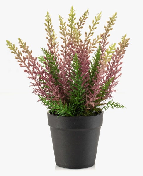 Künstliche Hortensie mit blau-weißen Blütenköpfen und grünen Blättern.