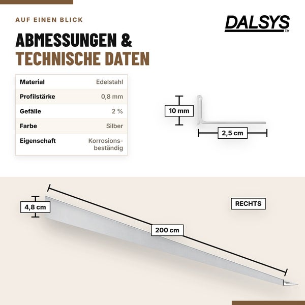Technische Zeichnung eines Edelstahl Balkonprofils von Dalsys mit Maßen zur Montage auf der rechten Seite.