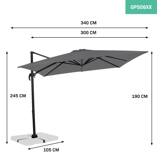 VONROC Sonnenschirm Pisogne 300x300cm - Freischwingender Sonnenschirm | Grau