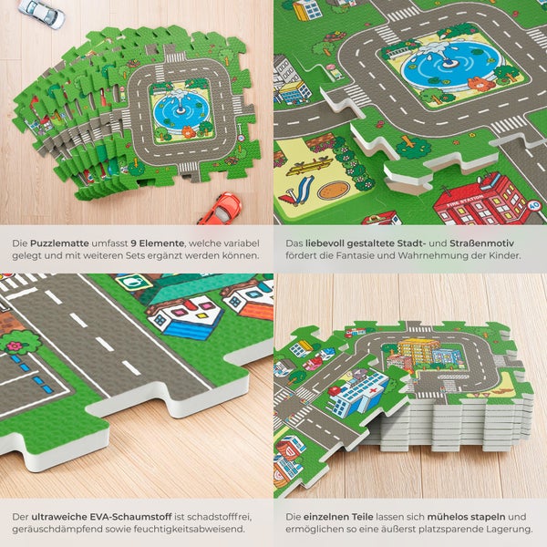 Puzzlematte tectake MyCity 90,5 x 90,5 cm 9-teilig, mit Stadt- und Straßenmotiv bunt
