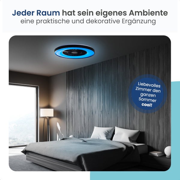 Gologi Deckenventilator mit Beleuchtung - Ø60 cm - LED RGBW - 6 Stufen - Schlafzimmer-Deckenleuchte - Deckenleuchte mit Ventilator - Mit Fernbedienung und App - Schwarz