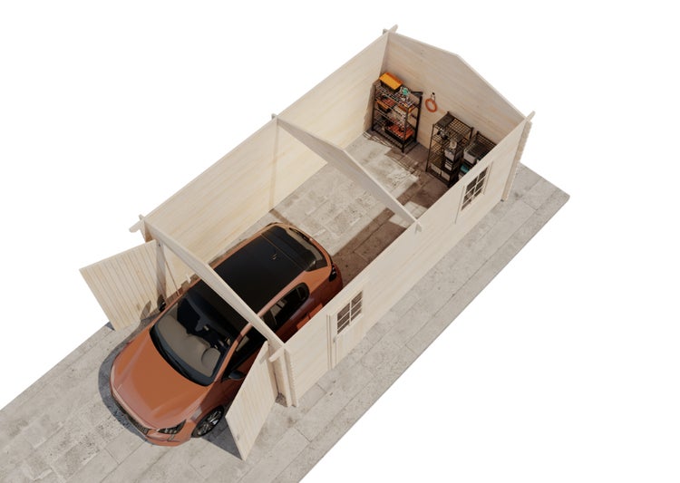 Draufsicht einer Holzgarage mit einem Auto und Regalen zur Aufbewahrung