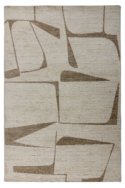 Rechteckiger Teppich mit abstraktem geometrischem Muster aus feinen Linien und Flächen.