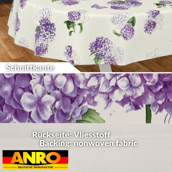Wachstischdecke mit Hortensienmuster, Schnittkante und Rückseite aus Vliesstoff, ANRO Logo