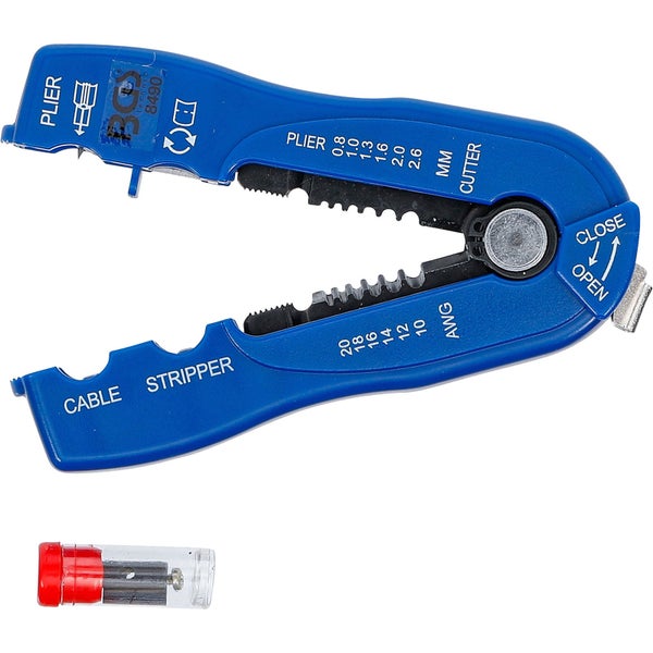 Blaue Kabelschneiderzange mit Einstellschraube und kleinem Behälter