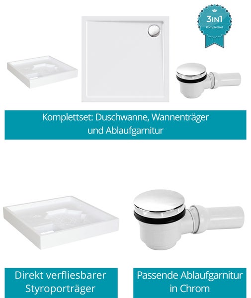 Calmwaters® Duschwannen-Set Modern Select, Flache Acryl-Brausewanne mit Wannenträger und Excenter-Ablaufgarnitur, 80 x 80 x 2,5 cm, Komplettset Acrylwanne, Bodengleicher Einbau, Weiß, 99000119
