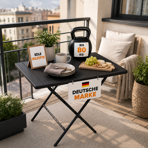 Schwarzer Klapptisch in Holzoptik auf einem Balkon, belastbar bis 80 Kilogramm, deutsche Marke.