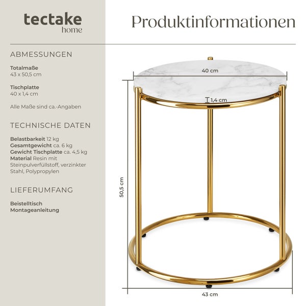 tectake home Logo. Beistelltisch in Marmor-Optik mit goldenem Gestell, Maße 43 mal 50,5 Zentimeter, Tragkraft 12 Kilogramm.