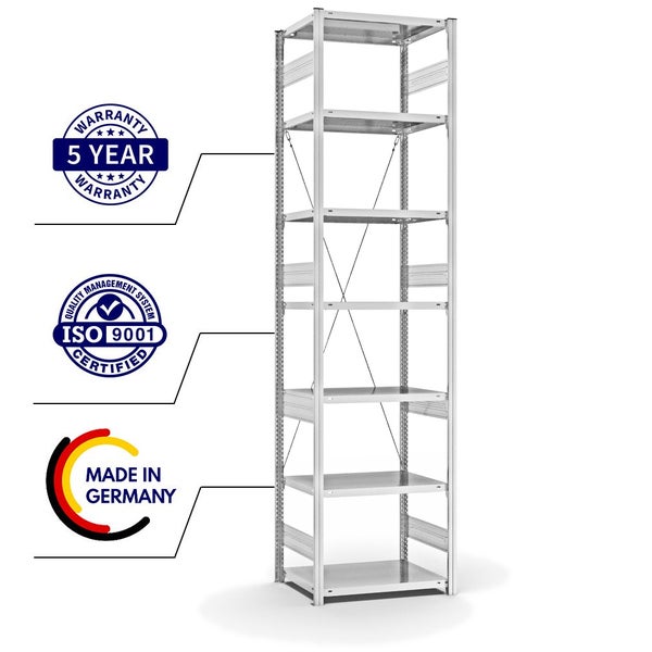 PROREGAL Fachbodenregal Stecksystem T-Profil Heavy-Duty Grundregal HxBxT 300 x 75 x 50 cm 7 Ebenen Fachlast 300 kg Einseitig Nutzbar Lichtgrau