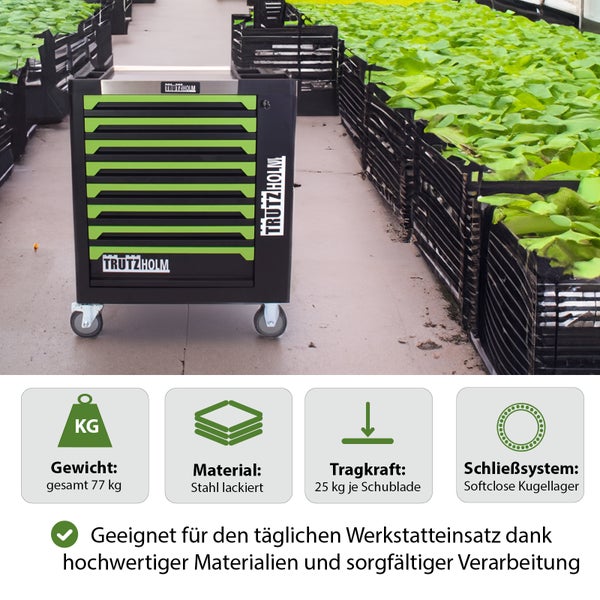 Werkstattwagen 249-tlg. bestückt 8 Schubladen Edelstahlauflage Seitentür Soft Close Schaumeinlagen