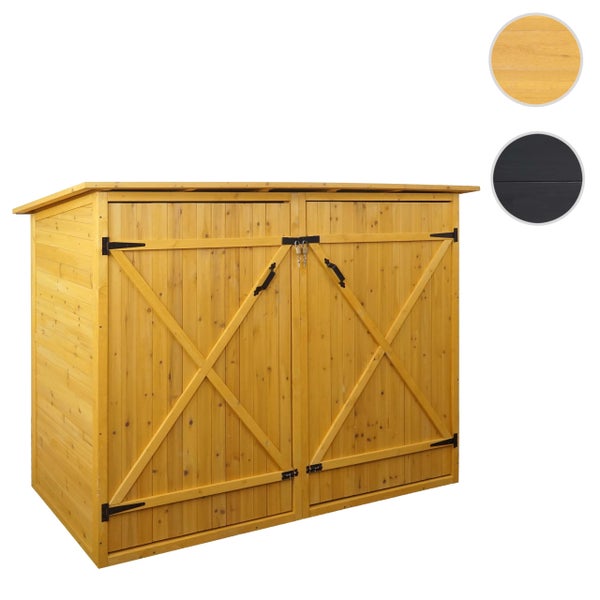 Fahrradschuppen aus Holz mit zwei geöffneten Türen und einem darin abgestellten Fahrrad.
