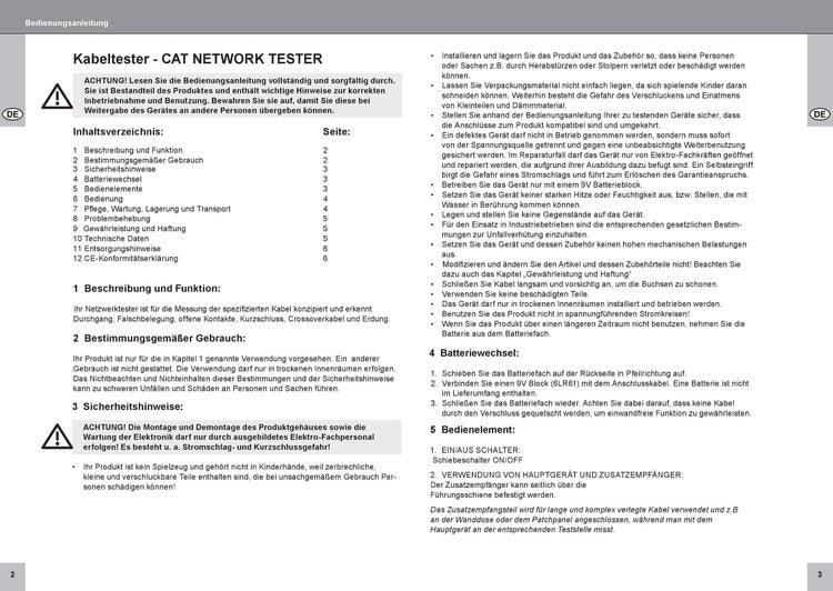 Bedienungsanleitung für Kabeltester CAT Netzwerktester mit Sicherheitshinweisen und Funktionsbeschreibung.