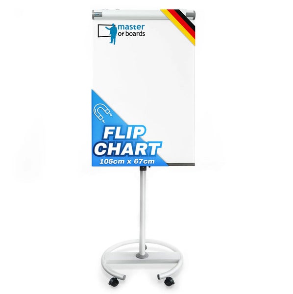 Master of Boards Flipchart, magnetisch, fahrbar mit Rollen, hergestellt in Deutschland, Maße 105 Zentimeter mal 67 Zentimeter.