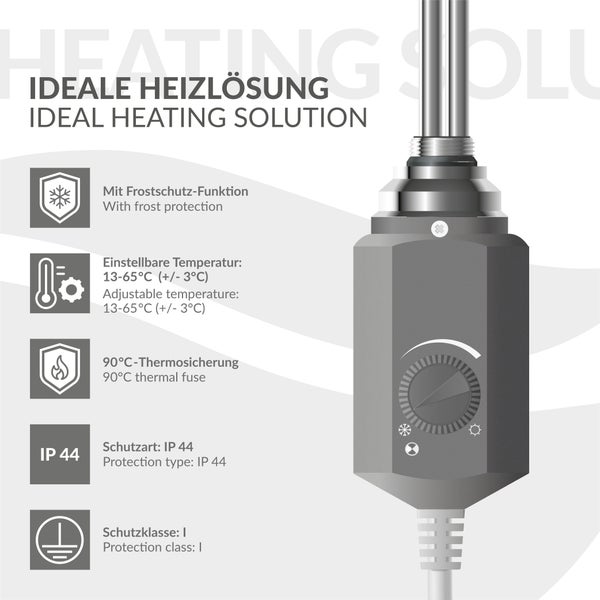 Heizstab mit Thermostat, Frostschutz, 13 bis 65 Grad Celsius, Thermosicherung 90 Grad Celsius, Schutzart IP 44 und Schutzklasse eins.