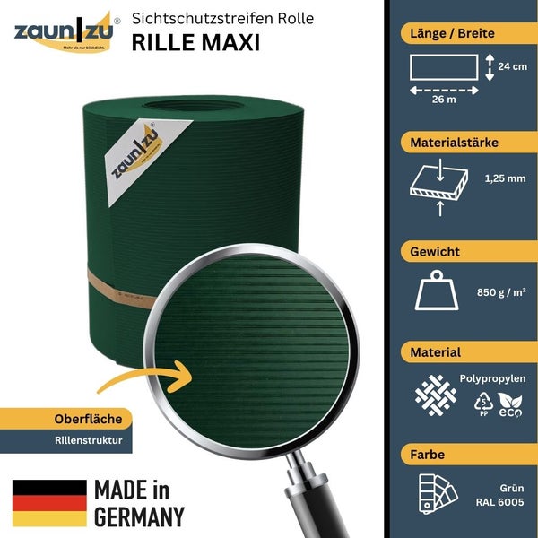 Zaun Sichtschutzstreifen Rolle Rille Maxi, 26 Meter lang und 24 cm breit, Materialstärke 1,25 mm, Gewicht 850 g/m², Polypropylen, Made in Germany