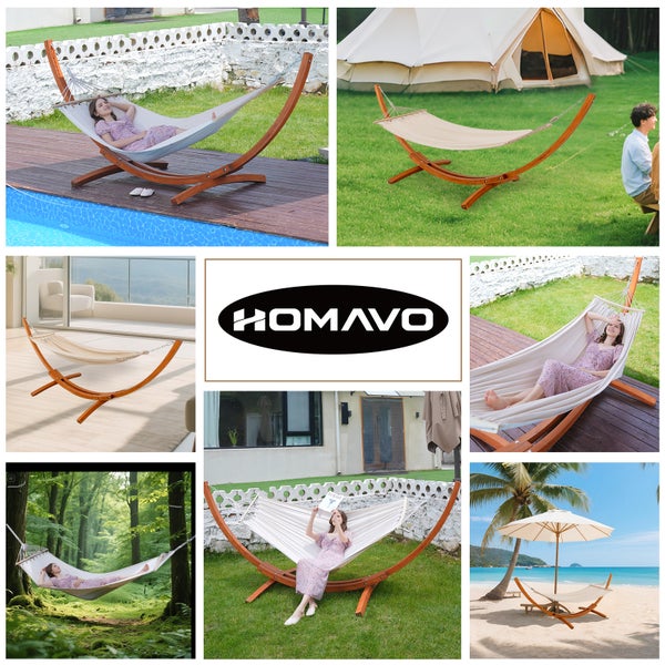Kollage verschiedener Hängematten mit Holzgestell in unterschiedlichen Umgebungen