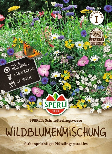 Sperli Schmetterlingswiese Wildblumenmischung Samen, ein- und mehrjährig, für Kübel geeignet, Wuchshöhe circa 100 Zentimeter, bienenfreundlich.