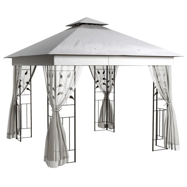 Gartenpavillon mit Doppeldach, Seitenvorhängen und Metallgestell mit Blattverzierung.