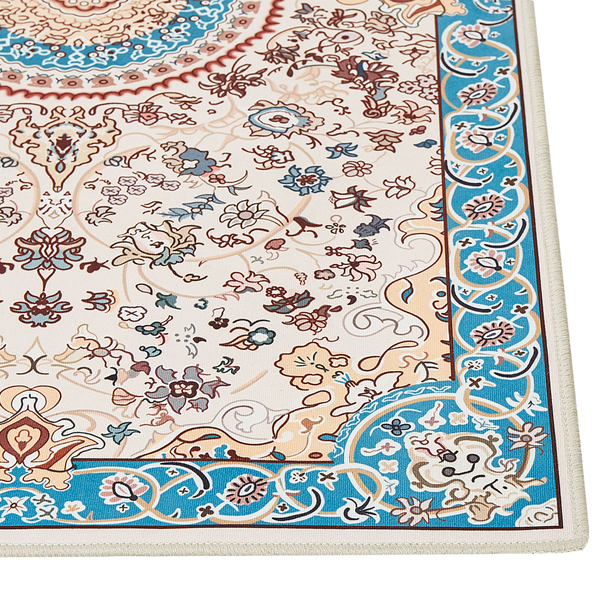 Teppich mit orientalischem Muster, floralen Motiven und Ornamenten in Blau, Braun und Beige.