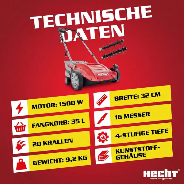 Hecht Vertikutierer mit technischen Daten wie Motorleistung, Fangkorbvolumen, Anzahl Krallen, Gewicht, Breite, Anzahl Messer und Gehäusetyp.