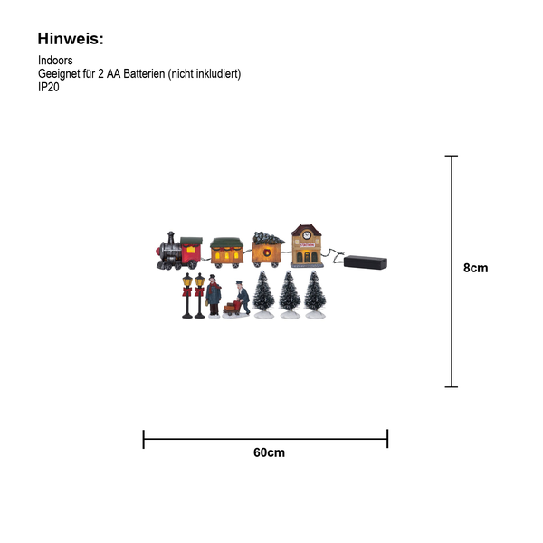 Dekorative Miniatur-Eisenbahn mit Bahnhof, Figuren, Laternen und Tannenbäumen für den Innenbereich, 60 cm breit und 8 cm hoch