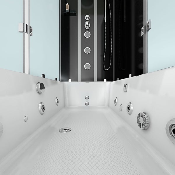 Innenansicht einer weißen Whirlpool-Badewanne mit Massagedüsen, Glaswänden und schwarzem Duschpaneel inklusive Armaturen.
