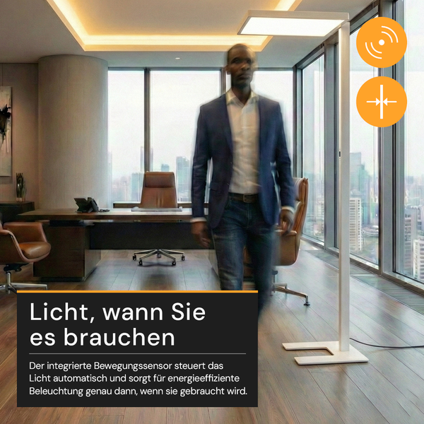 Moderne LED-Bürostehleuchte mit integriertem Bewegungssensor und Dimmfunktion in einem hellen, geräumigen Büro.