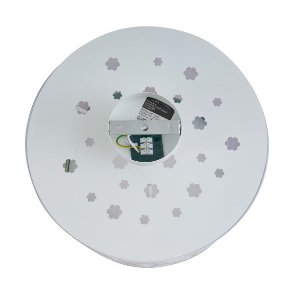 Rückansicht einer runden Deckenleuchte mit blumenförmigen Ausschnitten, Montagehalterung und elektrischer Anschlussklemme.