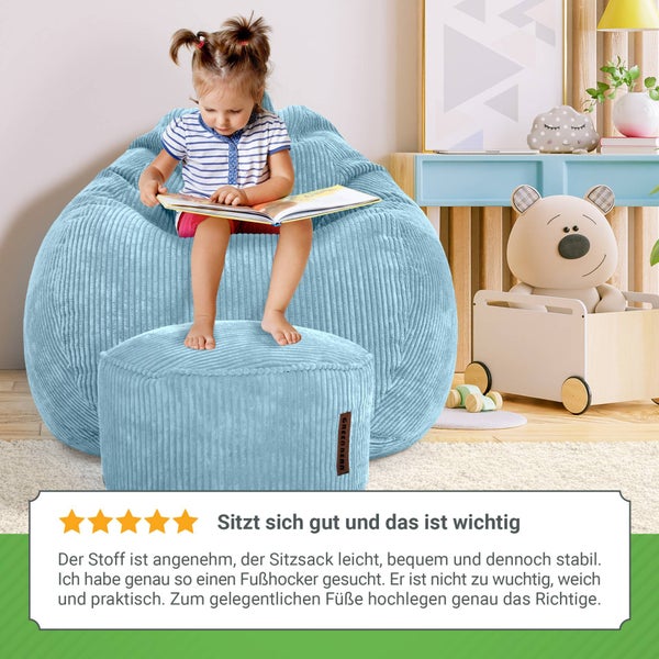 Green Bean 2er Set Indoor XXL Sitzsack + Pouf mit EPS-Perlen Füllung - Fußhocker Fußkissen Hocker Bodenkissen Liegekissen Sitzkissen Lounge Chair - Hellblau