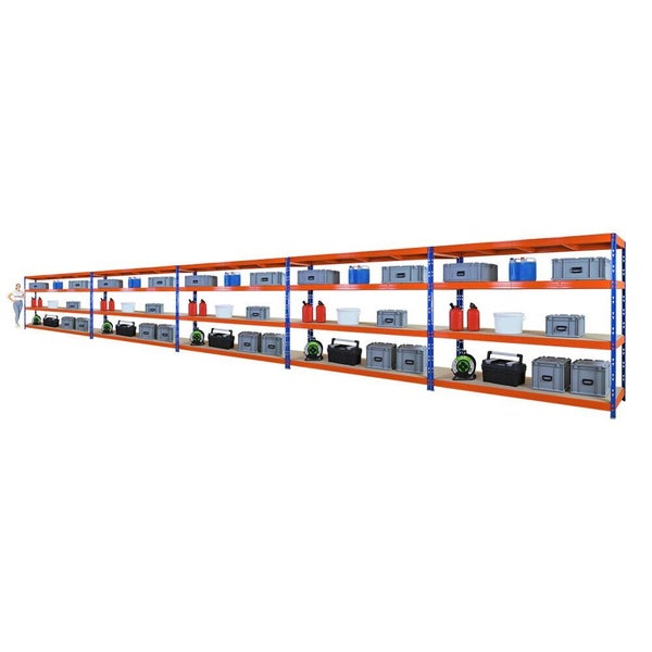 PROREGAL Mega Deal 5x Profi Schwerlastregal Rhino, HxBxT 180x240x60cm, 4 Spanplatten-Ebenen 8mm, Fachlast 450kg, Blau/Orange