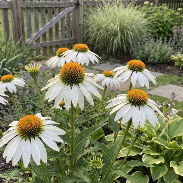 Weißer Sonnenhut Echinacea in einem Garten mit Holzzaun und grünem Laub.