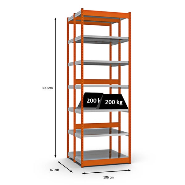 PROREGAL Fachbodenregal Stecksystem Vierkant-Profil Grundregal HxBxT 300 x 102,5 x 40 cm 2x7 Ebenen Doppelseitige Bauart Fachlast 200 kg Orange