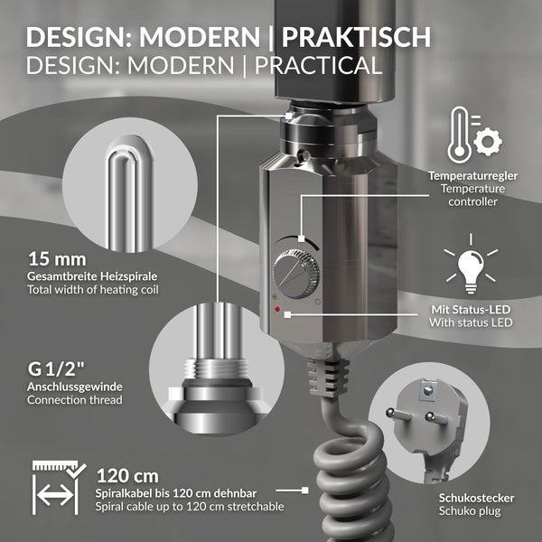 Modernes Heizstab-Steuergerät, 15 Millimeter Heizspirale, G 1/2 Zoll Gewinde, Temperaturregler, Statusanzeige und 120 Zentimeter langes Spiralkabel.