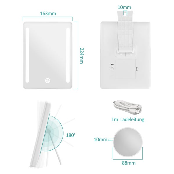 EMKE Kosmetikspiegel mit Beleuchtung 163 x 224 mm, 3-fach Vergrößerung, Kaltweiß, Touch-Schalter, USB/Batterie, Tragbar, Weiß, Horizontal & Vertikal aufstellbar