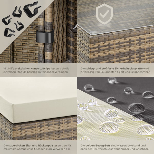 Details einer Loungegruppe: Kunststoffclips, Sicherheitsglasplatte, Sitzpolster und wasserabweisende Bezüge.