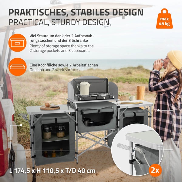 Hauki Camping Küche, Grau, Campingschrank faltbar mit Tragetasche, Reiseküche mit Windschutz, Küchenschrank mit Arbeitsplatte, Staufächern, Alu Outdoorküche, Küchenbox klappbar, Zeltschrank tragbar